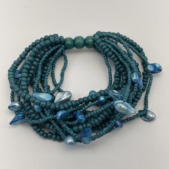 Vintage Stretch Bracelet Blue Turquoise Small Chip Mother of Pearl Wide B#8 - Picture 8 of 8